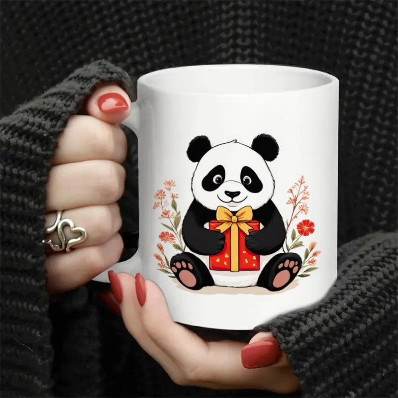 Tailorly White Ceramic 11 oz Mug - Cute Cartoon Panda Sitting With Gift Box Surrounded By Small Flowers Panda