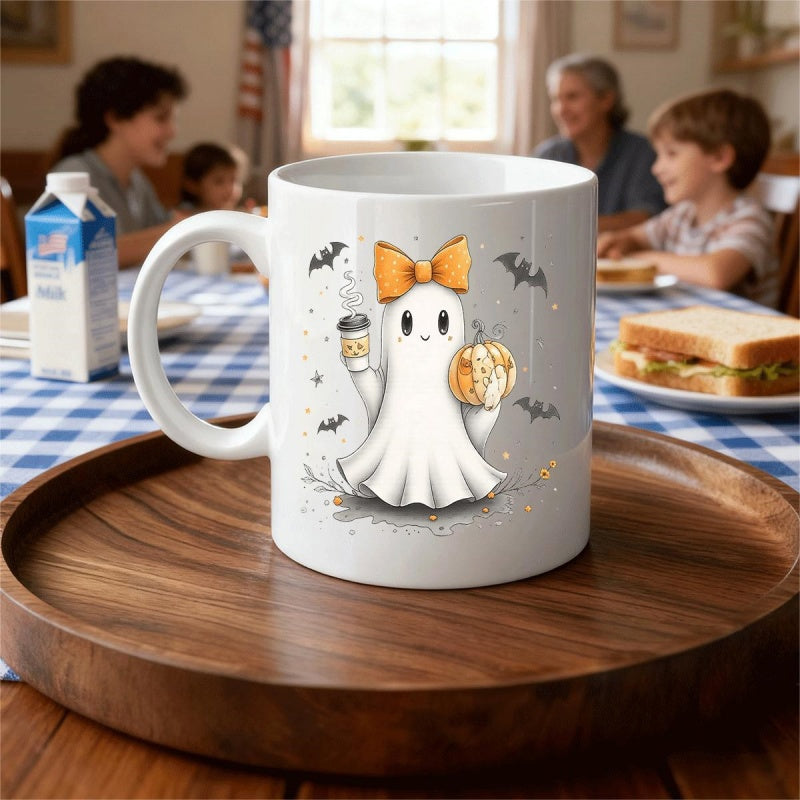 Tailorly White Ceramic 11 oz Mug - Cute Spooky Halloween Spirit With Yellow Bow Carrying Pumpkin Among Bats Ghost