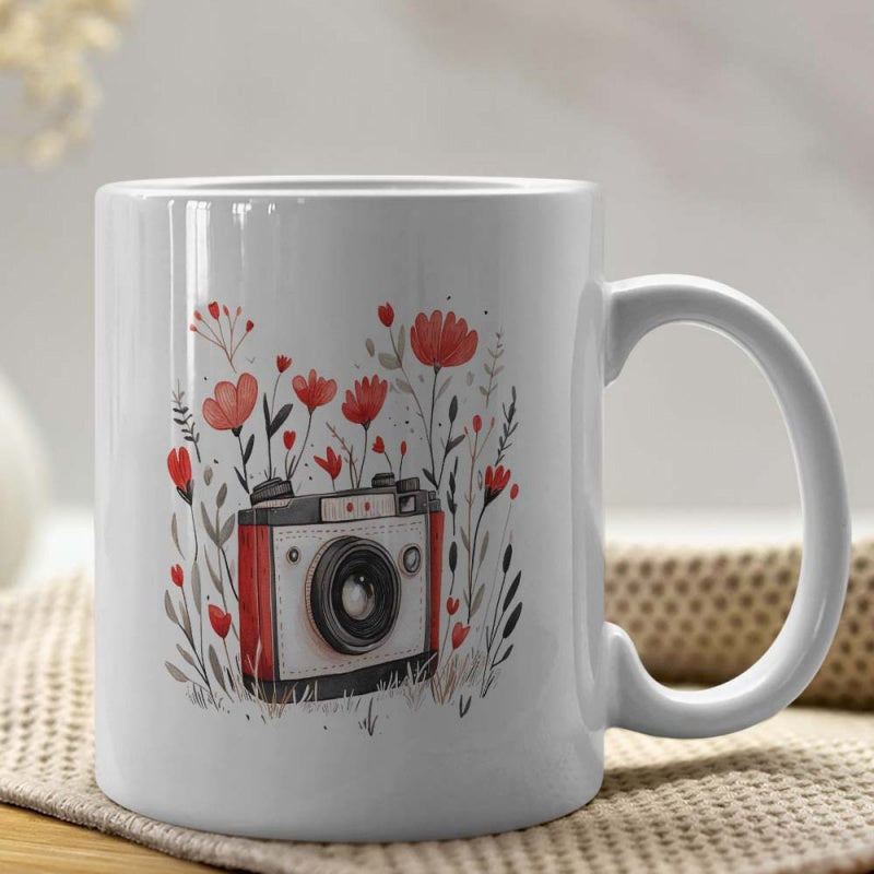 Tailorly White Ceramic 11 oz Mug - Vintage Retro Camera Nestled Within Delicate Red Watercolor Botanical Garden Camera