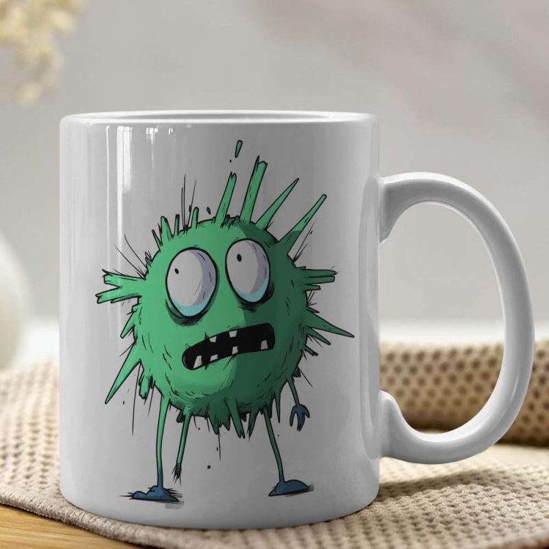 Tailorly White Ceramic 11 oz Mug - Cartoon Spiky Green Creature With Wide Eyes Standing On Thin Legs Monster