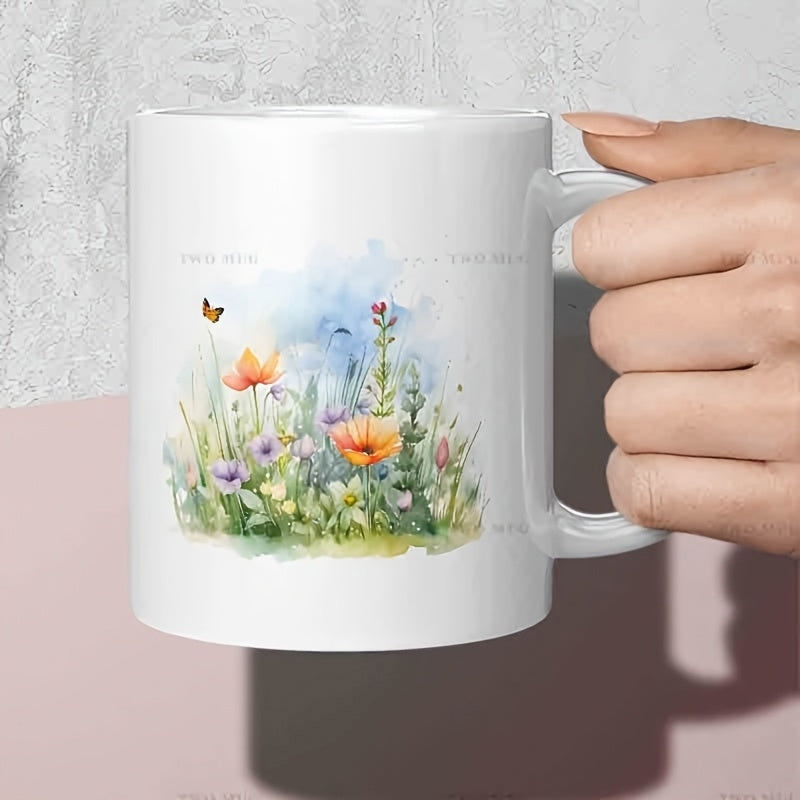 Tailorly White Ceramic 11 oz Mug - Vibrant Watercolor Wildflowers Blooming Among Lush Green Leaves And Fluttering Butterfly Wildflowers