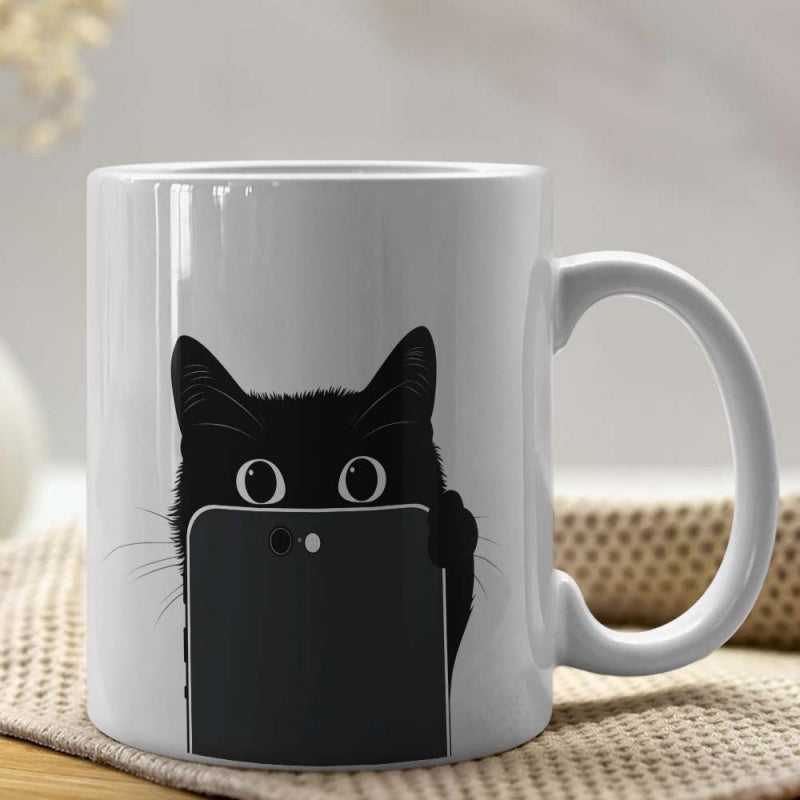 Tailorly White Ceramic 11 oz Mug - Minimalist Black Peeking Silhouette Holding A Sleek Smart Phone Curious Cat