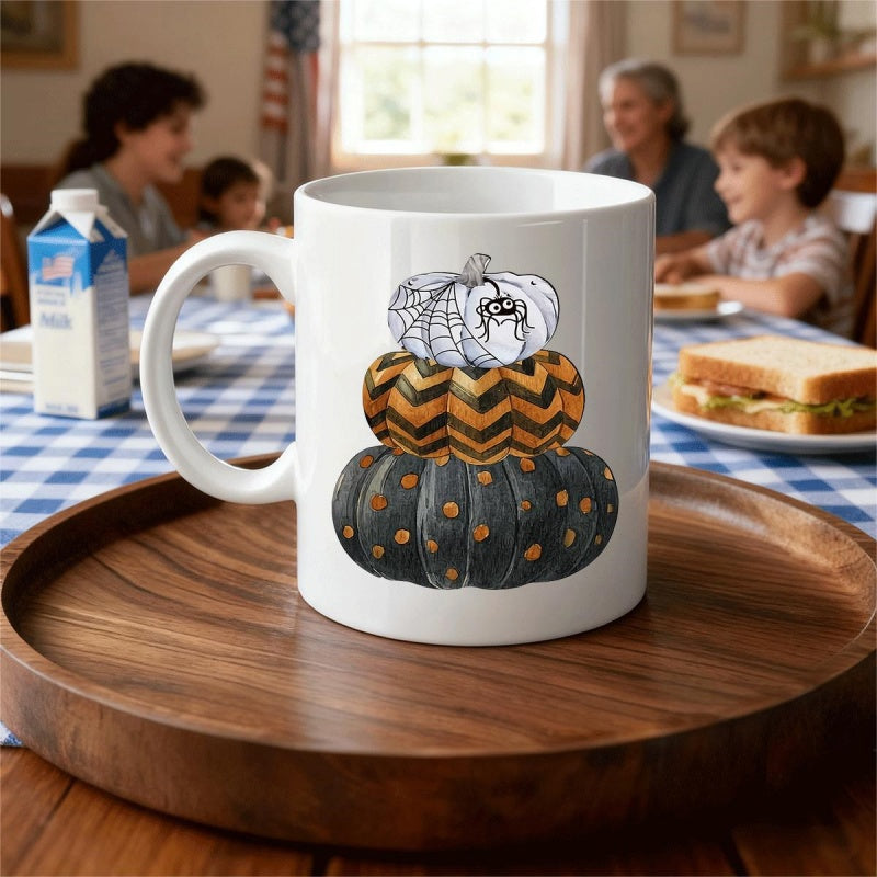 Tailorly White Ceramic 11 oz Mug - Three Decorative Stacked Layers Featuring Spiderweb Chevron And Polka Dot Patterns Pumpkin