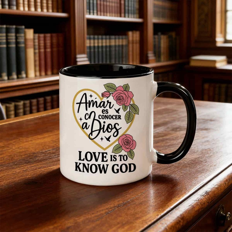 Tailorly Black Accent 11 oz Mug - ian bible verse， spanish english， heart， roses