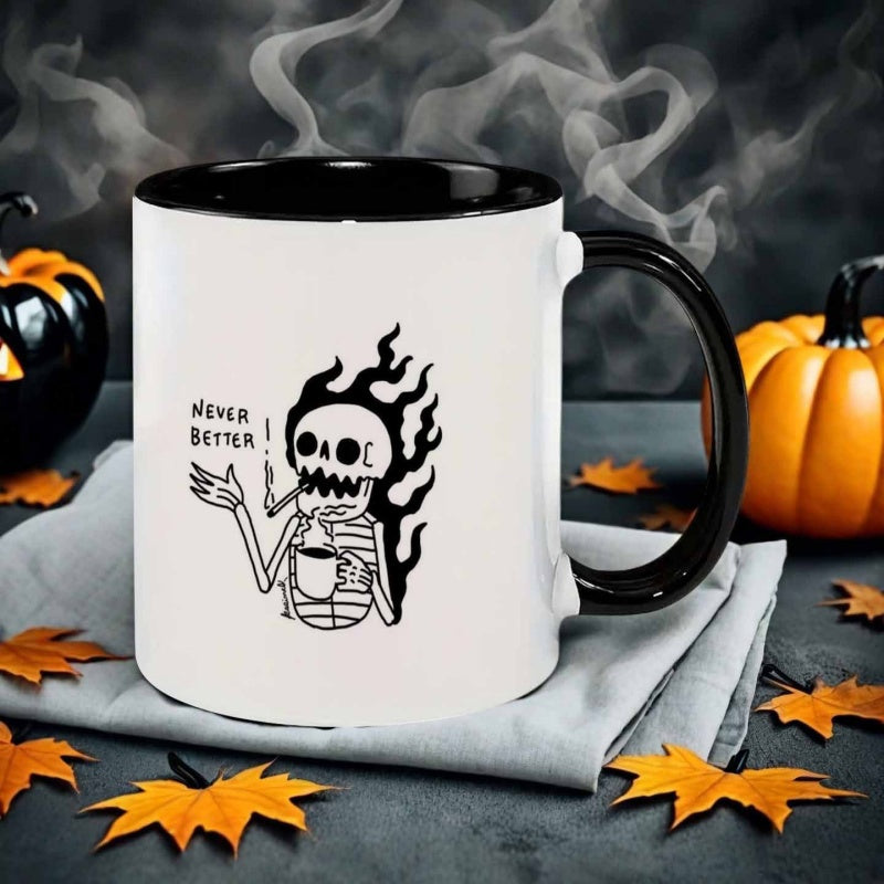 Tailorly Black Accent 11 oz Mug - skeleton with fire design