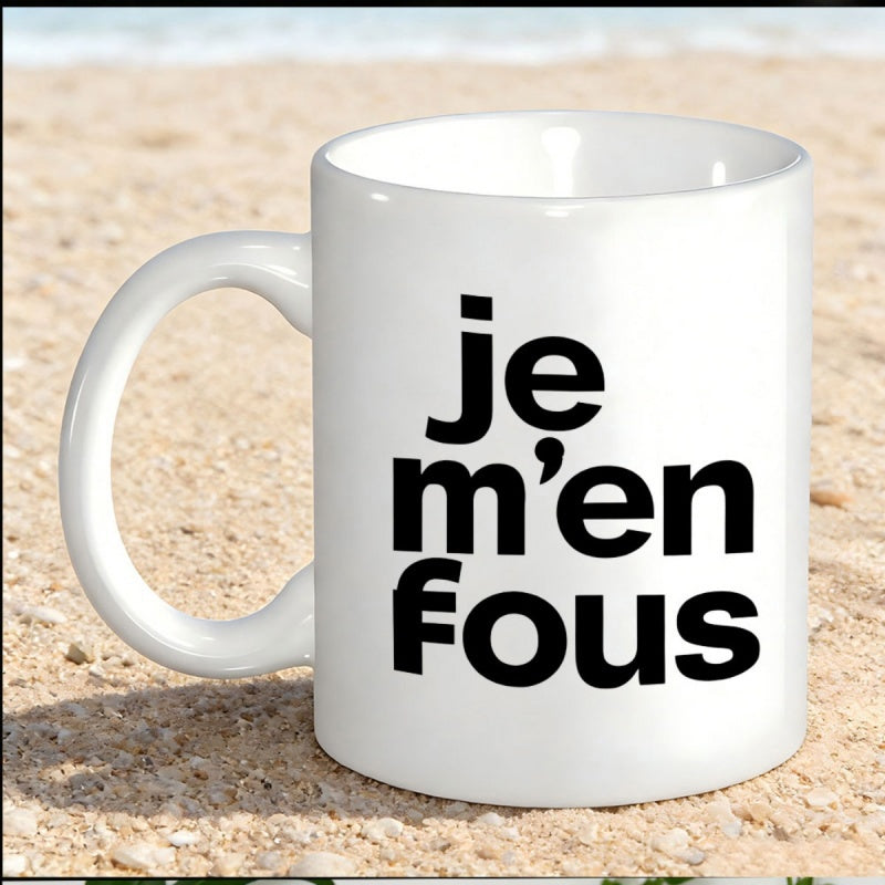 Tailorly White Ceramic 11 oz Mug - Minimalist White Ceramic Kitchenware Sitting On Soft Golden Sand Beach Mug