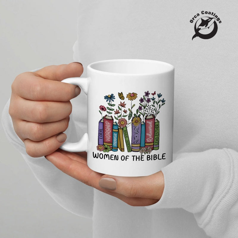 Tailorly White Ceramic 11 oz Mug - Women Of The Bible Colorful Books With Artistic Wildflowers Growing From The Spines Mug