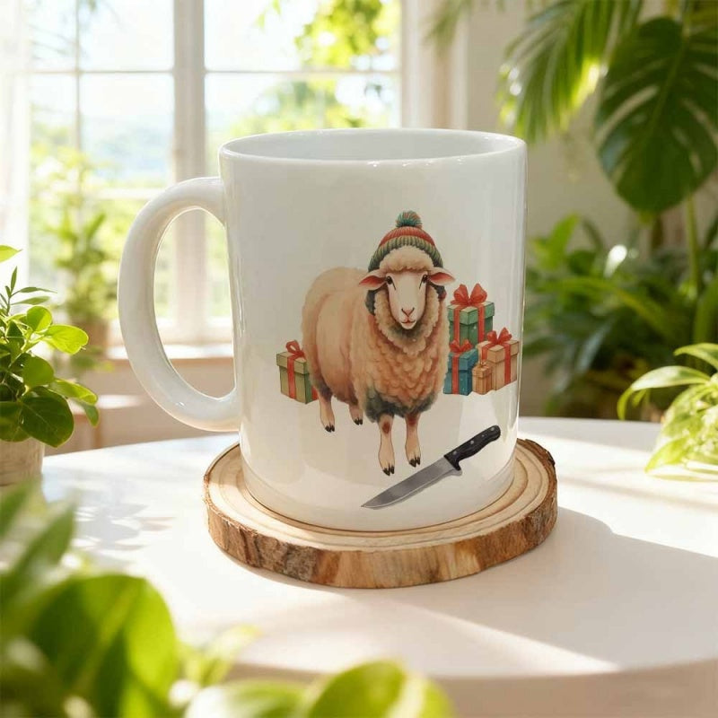 Tailorly White Ceramic 11 oz Mug - Adorable Festive Sheep Wearing Woolen Beanie Hat Standing Among Christmas Gifts Sheep