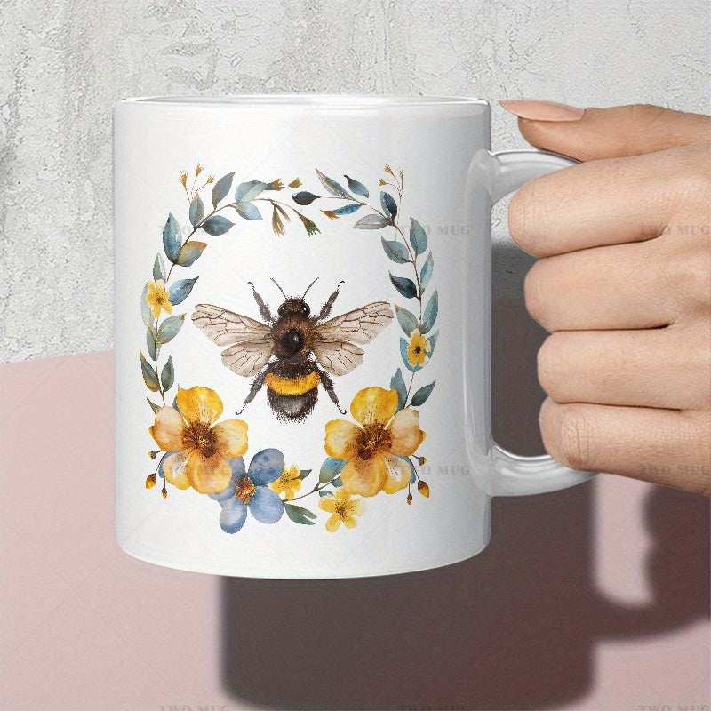 Tailorly White Ceramic 11 oz Mug - Delicate Watercolor Pattern Featuring Golden Wildflowers And Greenery Botanical Wreath Bee