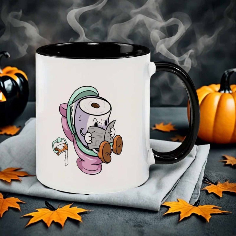 Tailorly Black Accent 11 oz Mug - toilet paper sitting on toilet anthropomorphic with tp roll
