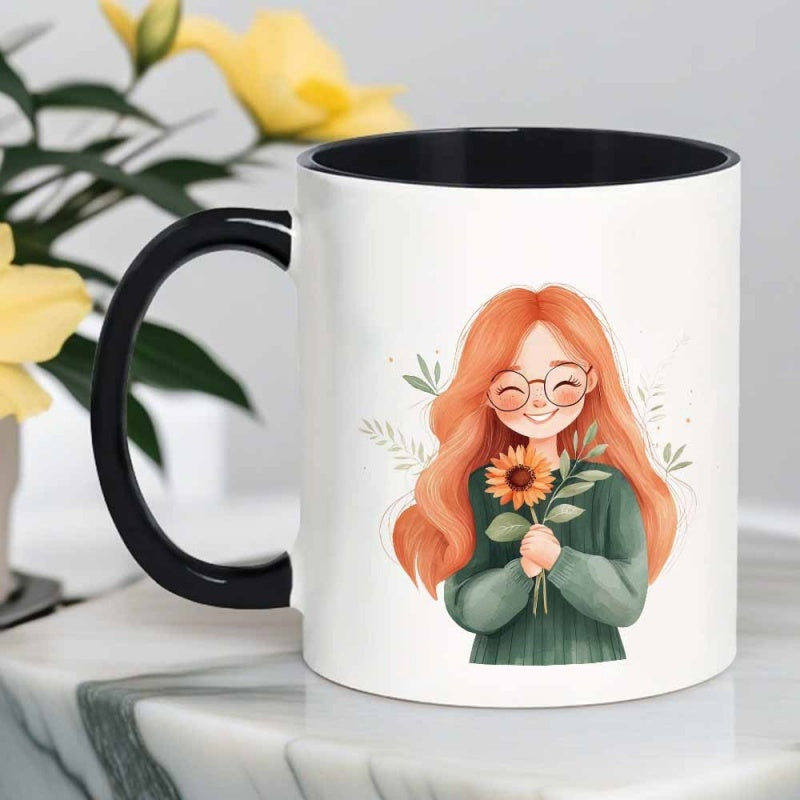 Tailorly Black Accent 11 oz Mug - red haired girl wearing glasses holding sunflower smiling