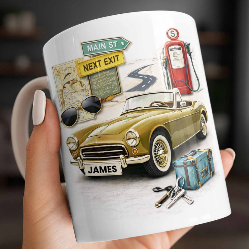 Tailorly White Ceramic 11 oz Mug - Main St Next Exit James Classic Vintage Gold Convertible Parked Among Travel Essentials And Road Signs Car