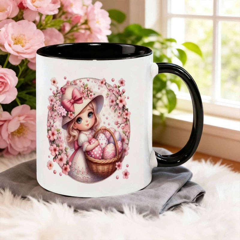 Tailorly Black Accent 11 oz Mug - illustration of a girl with a basket