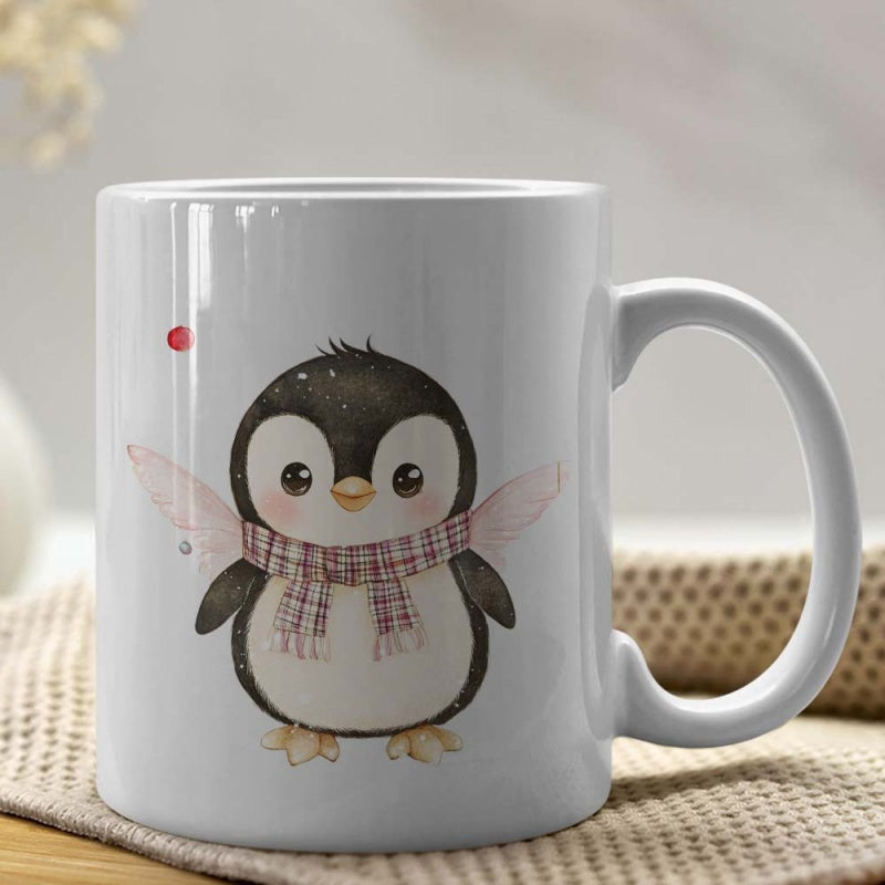 Tailorly White Ceramic 11 oz Mug - Adorable Little Round Penguin Wearing Pink Plaid Scarf And Wings Penguin