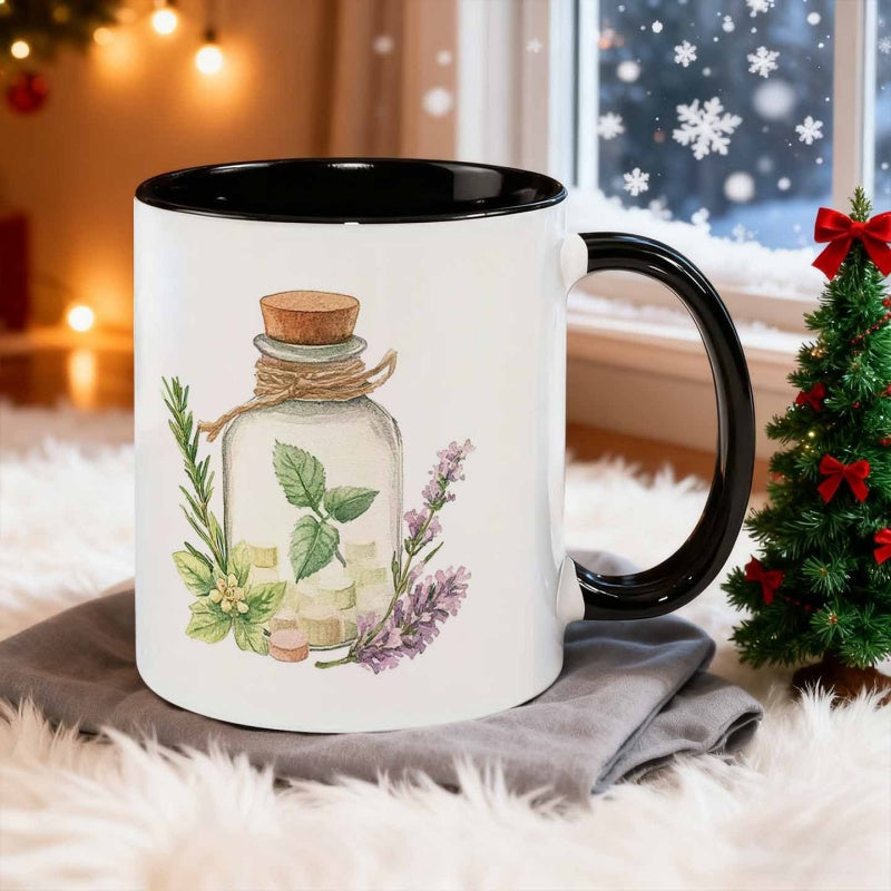 Tailorly Black Accent 11 oz Mug - plants and medicine bottles fresh scene