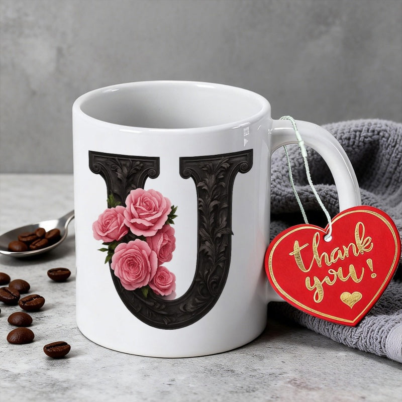 Tailorly White Ceramic 11 oz Mug - Thank You Ornate Black Letter U With Soft Pink Blossoming Garden Roses Mug
