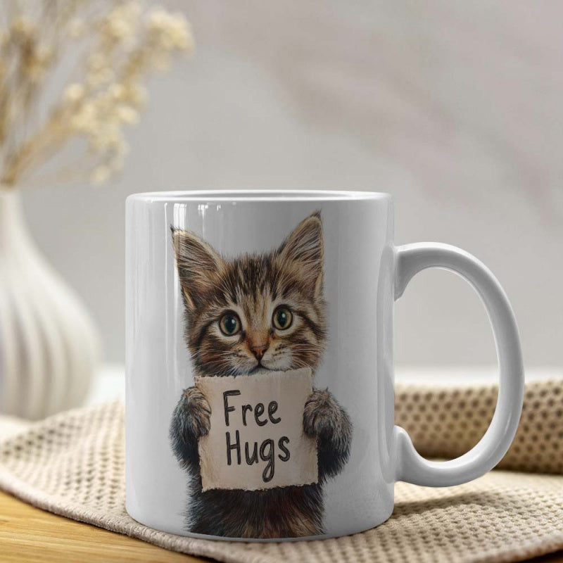 Tailorly White Ceramic 11 oz Mug - Free Hugs Adorable Brown Tabby Kitten Holding Cardboard Sign With Tiny Paws Kitten