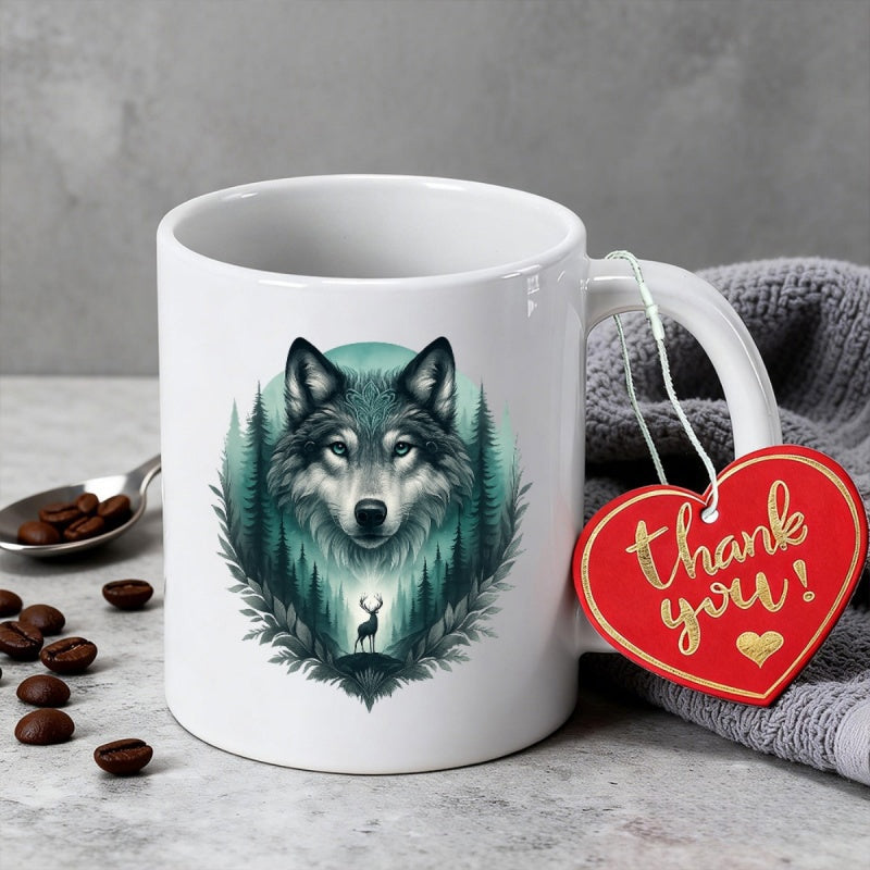Tailorly White Ceramic 11 oz Mug - Majestic Forest Wildlife With A Deer Silhouette Inside A Wolf