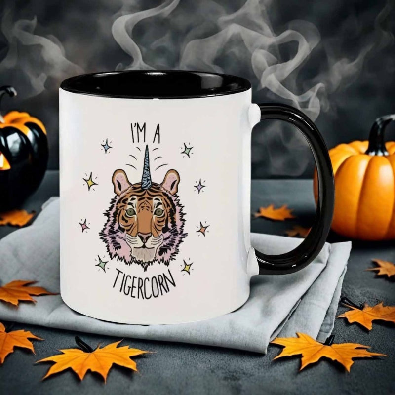 Tailorly Black Accent 11 oz Mug - cartoon style tiger with unicorn horn