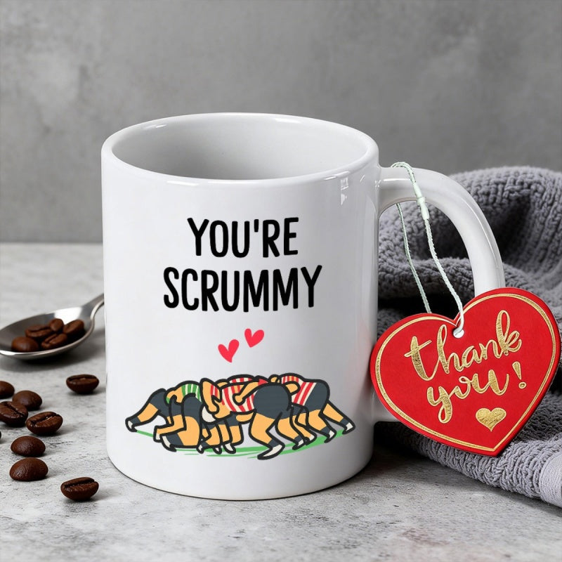 Tailorly White Ceramic 11 oz Mug - Youre Scrummy Cartoon Rugby Players Working Together In A Powerful Sports Action Scrum
