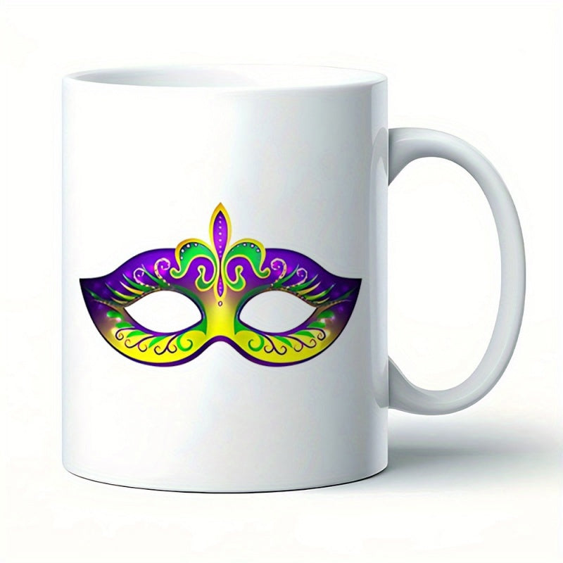 Tailorly White Ceramic 11 oz Mug - Festive Purple And Green Ornate Mardi Gras Carnival Style Mask