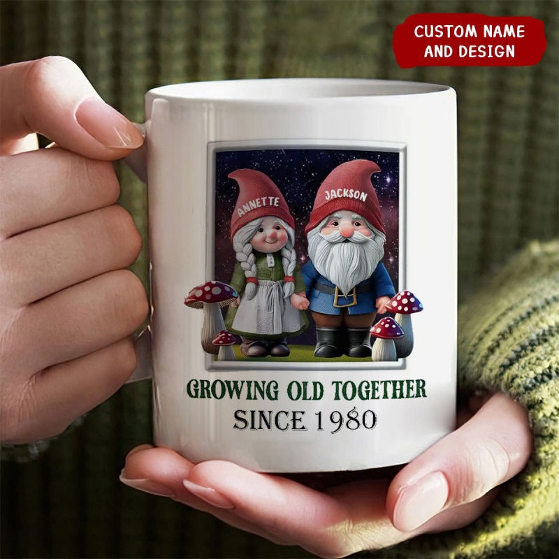 Tailorly White Ceramic 11 oz Mug - Growing Old Together Since 1980 Two Adorable Garden Gnomes Standing Among Magical Mushrooms Gnomes