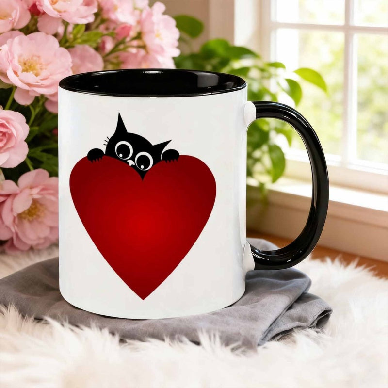 Tailorly Black Accent 11 oz Mug - black cat peeking from behind red heart
