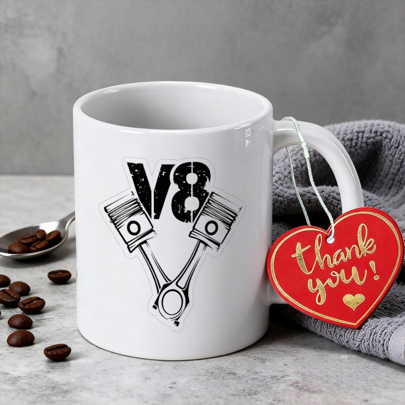 Tailorly White Ceramic 11 oz Mug - V8 Industrial Style Mechanical Engine Pistons Arranged In V Shape Piston