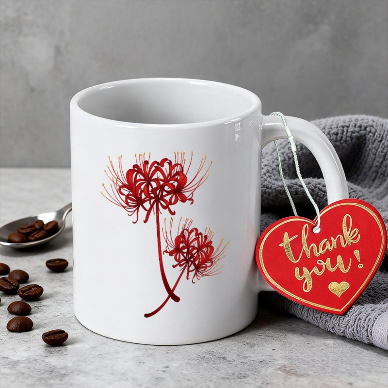 Tailorly White Ceramic 11 oz Mug - Thank You Elegant Red Spider Lily Blossoms With Delicate Petals And Long Stems Flower