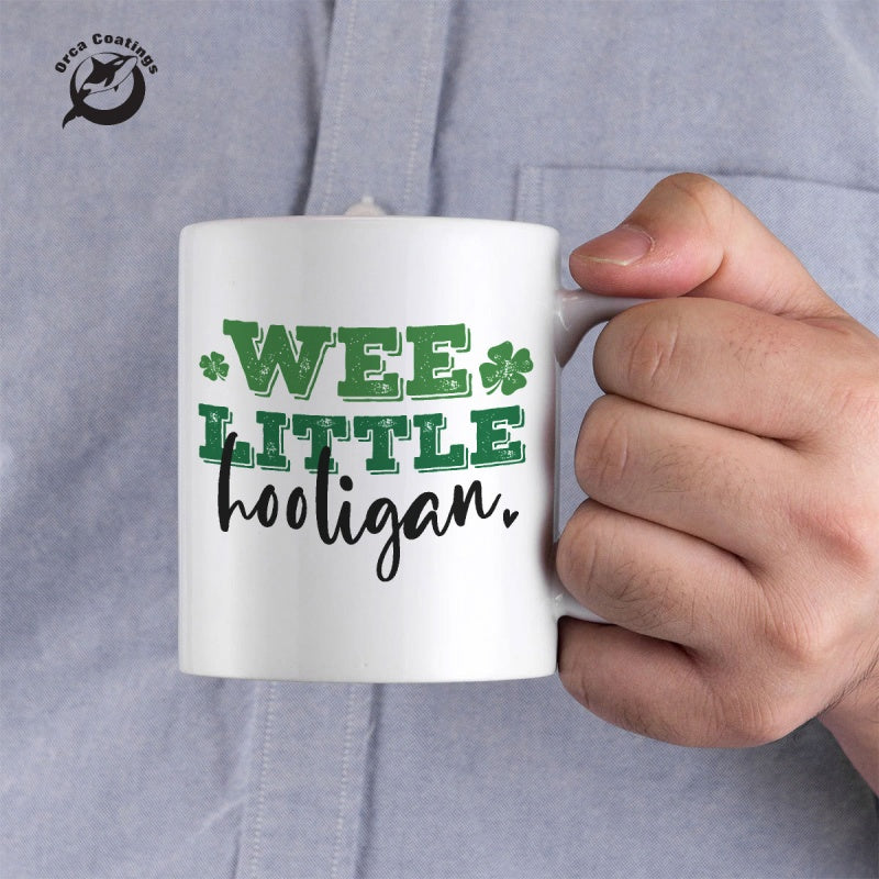 Tailorly White Ceramic 11 oz Mug - Wee Little Hooligan Festive Green Four Leaf Clovers With Distressed Stencil Typography Shamrock