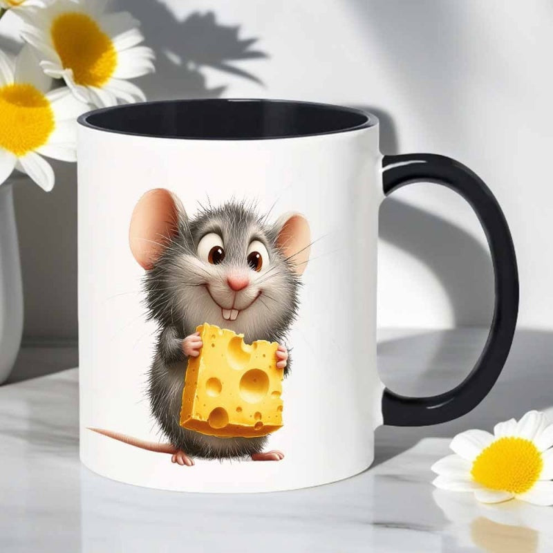 Tailorly Black Accent 11 oz Mug - cute mouse and cheese illustration
