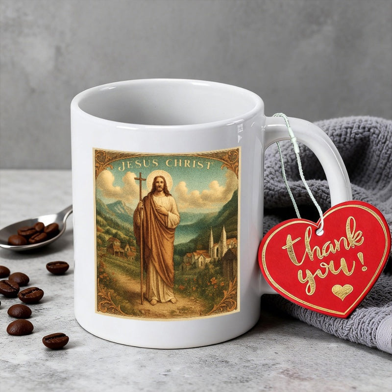 Tailorly White Ceramic 11 oz Mug - Jesus Christ Sacred Figure Standing In Peaceful Valley With Mountains And Ancient Church Jesus