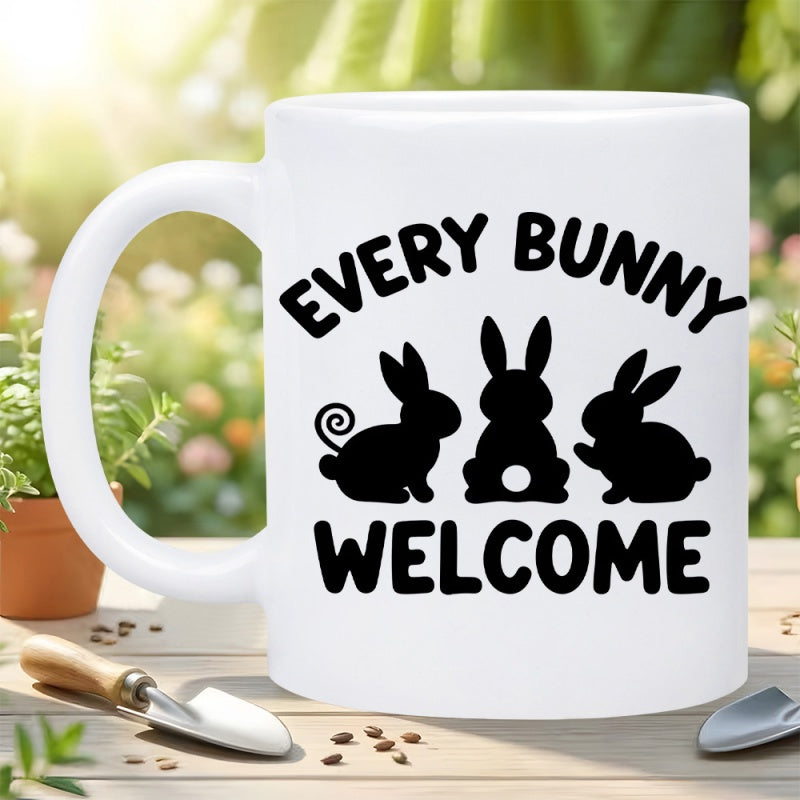 Tailorly White Ceramic 11 oz Mug - Every Bunny Welcome Three Cute Minimalist Black Silhouettes Sitting Among A Friendly Group Rabbit