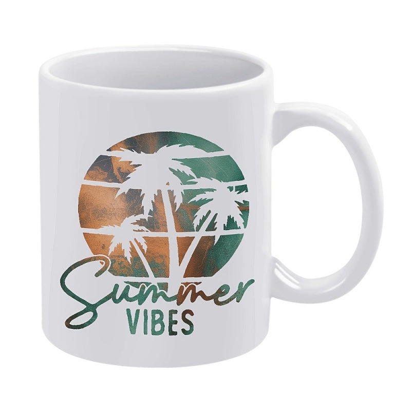 Tailorly White Ceramic 11 oz Mug - Summer Vibes Retro Tropical Sunset Circular Scene Featuring Coastal Silhouette Palm Tree