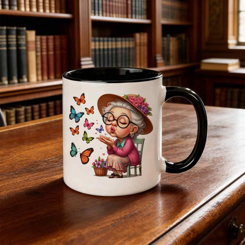 Tailorly Black Accent 11 oz Mug - grandma and colorful butterflies