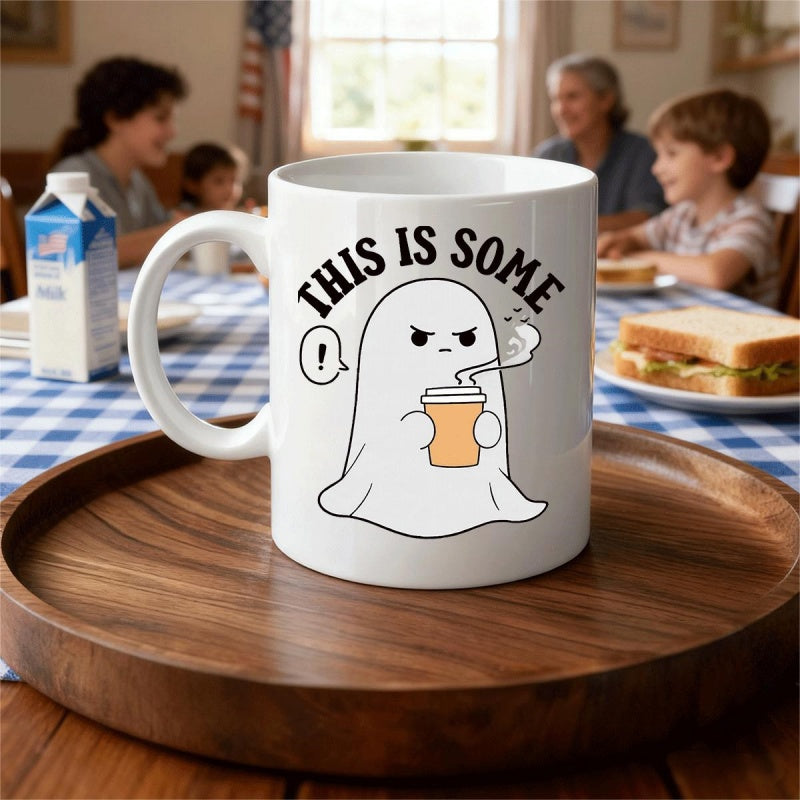 Tailorly White Ceramic 11 oz Mug - This Is Some Adorable Little Ghost Holding A Steaming Cup Of Coffee Ghost