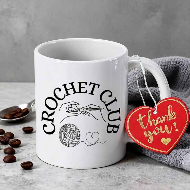 Tailorly White Ceramic 11 oz Mug - Crochet Club Minimalist Hands Holding A Hook And Ball Of Soft Yarn Design