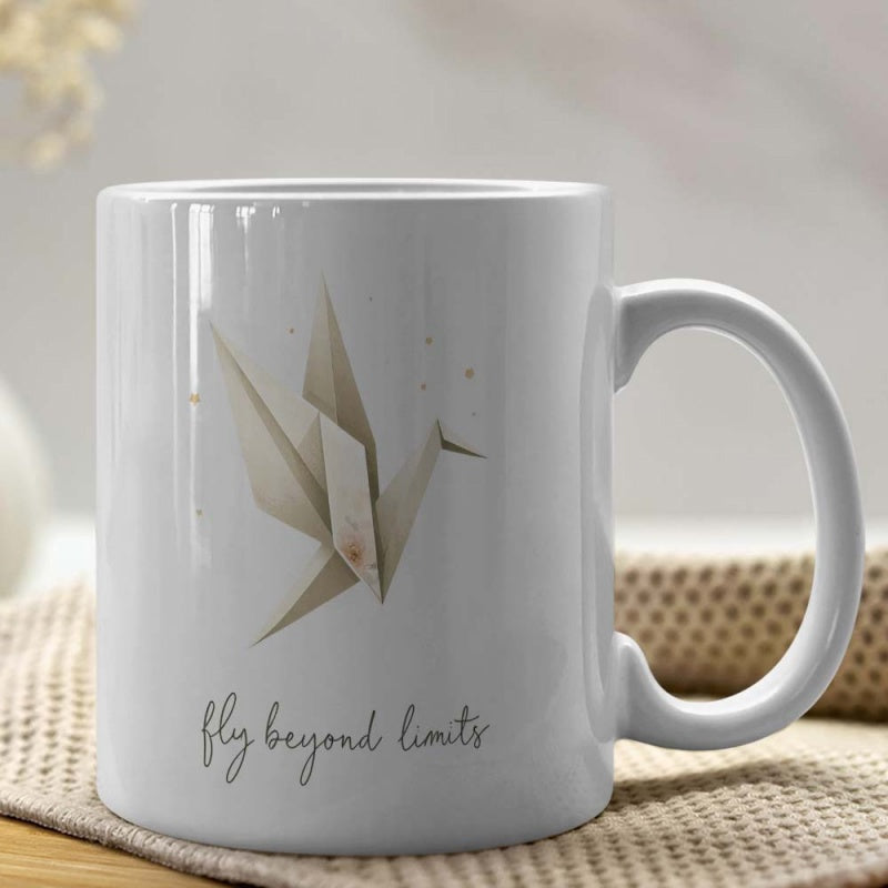 Tailorly White Ceramic 11 oz Mug - Fly Beyond Limits Delicate Paper Folded Bird Soaring With Subtle Golden Sparkling Accents Origami Crane