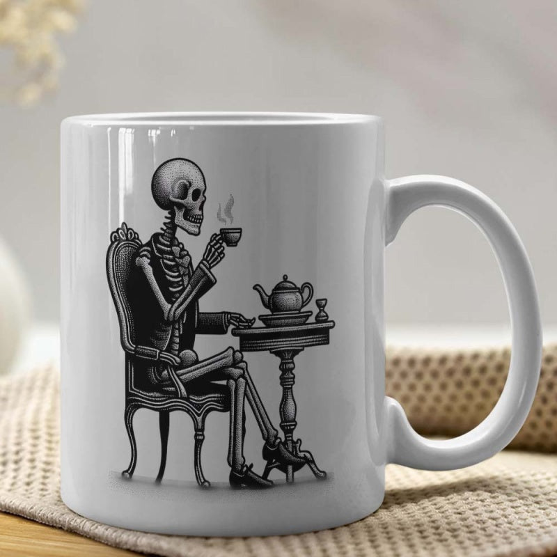 Tailorly White Ceramic 11 oz Mug - Vintage Style Skeleton Sitting Elegantly Drinking Hot Tea At Small Table Skeleton