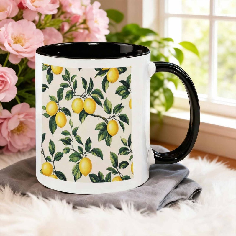 Tailorly Black Accent 11 oz Mug - retro design with lemon branches and leaves