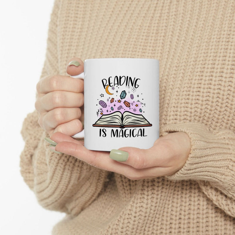 Tailorly White Ceramic 11 oz Mug - Reading Is Magical Open Storybook With Floating Crystals And Moon Shimmering Under Purple Dust Book
