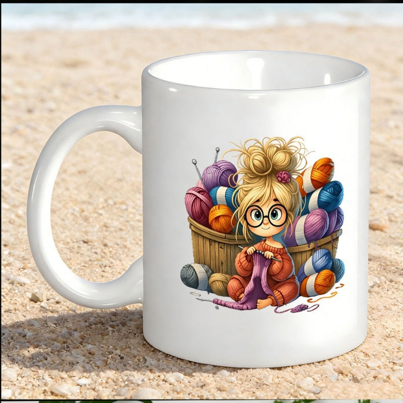 Tailorly White Ceramic 11 oz Mug - Adorable Cartoon Knitting Character Beside Basket Filled With Colorful Yarn Balls Girl
