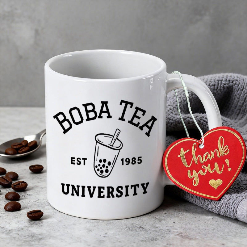 Tailorly White Ceramic 11 oz Mug - Boba Tea University Minimalist Hand Drawn Illustrative Bubble Tea Icon Featuring Straw And Pearls Boba
