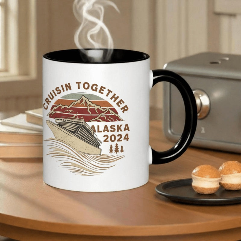 Tailorly Black Accent 11 oz Mug - alaska 2024 cruise ship mountains vintage design