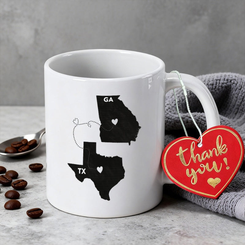 Tailorly White Ceramic 11 oz Mug - Ga Tx Minimalist Silhouette Of Two States Connected By A Heart Map