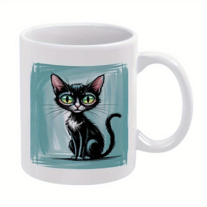 Tailorly White Ceramic 11 oz Mug - Adorable Stylized Black Cat With Large Expressive Eyes Sitting Against Teal Background Cat