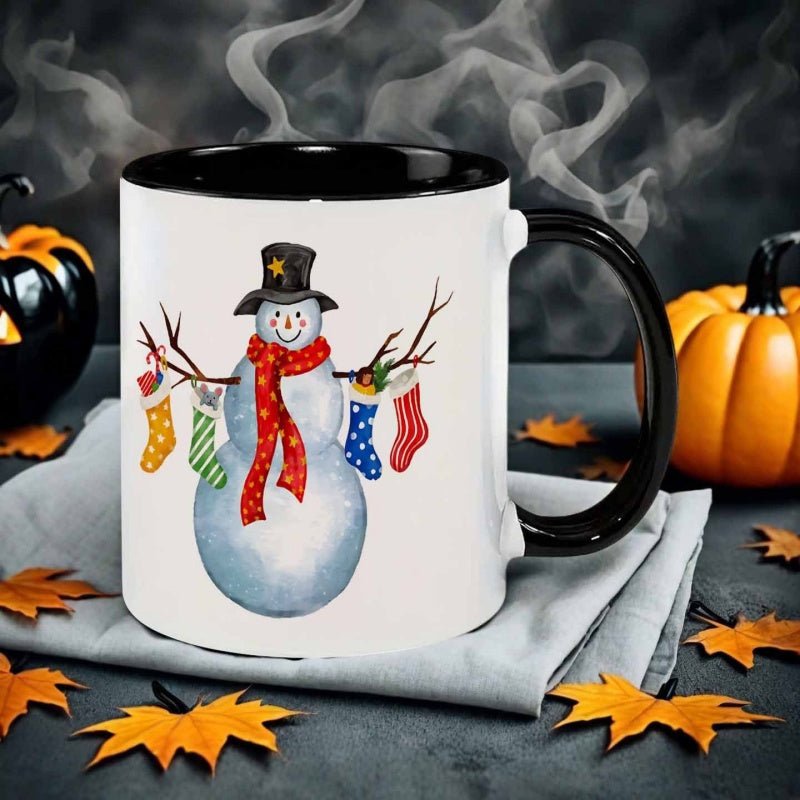 Tailorly Black Accent 11 oz Mug - watercolor style christmas snowman