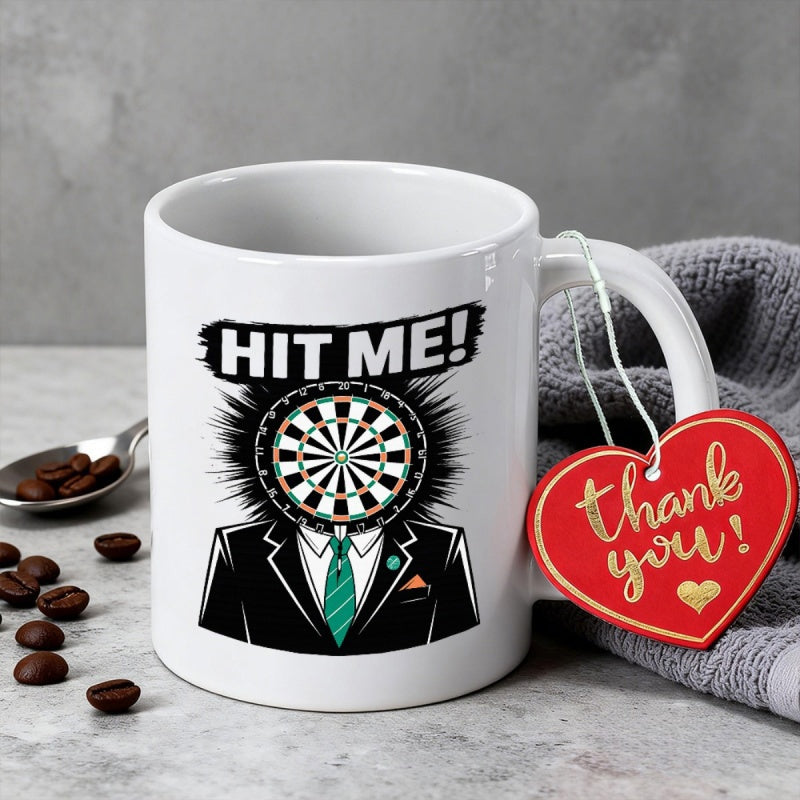 Tailorly White Ceramic 11 oz Mug - Hit Me Sharp Suited Figure With Green Tie And Circular Sports Dartboard