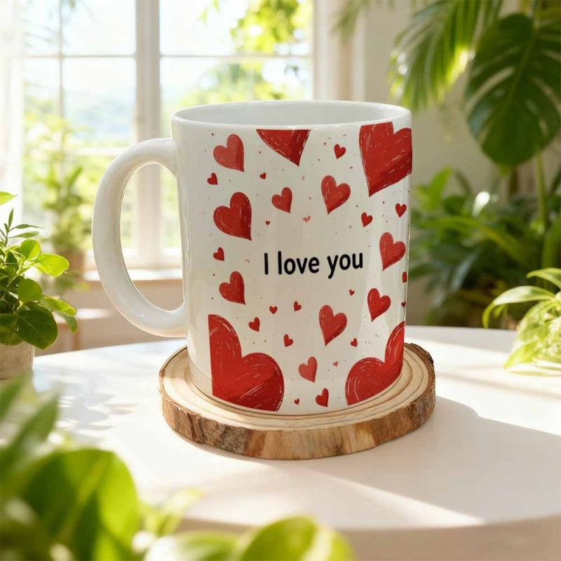 Tailorly White Ceramic 11 oz Mug - I Love You Red Hand Painted Hearts Scattered Over A Pure