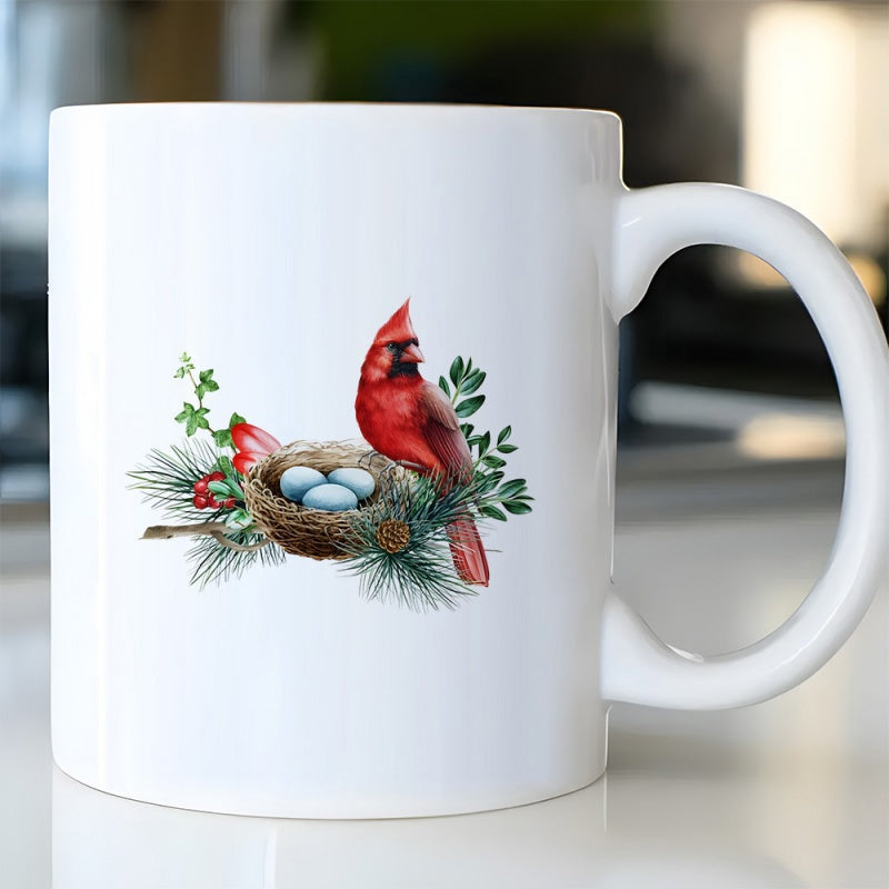 Tailorly White Ceramic 11 oz Mug - Vibrant Red Bird Perched Beside Nest Among Green Evergreen Branches Cardinal